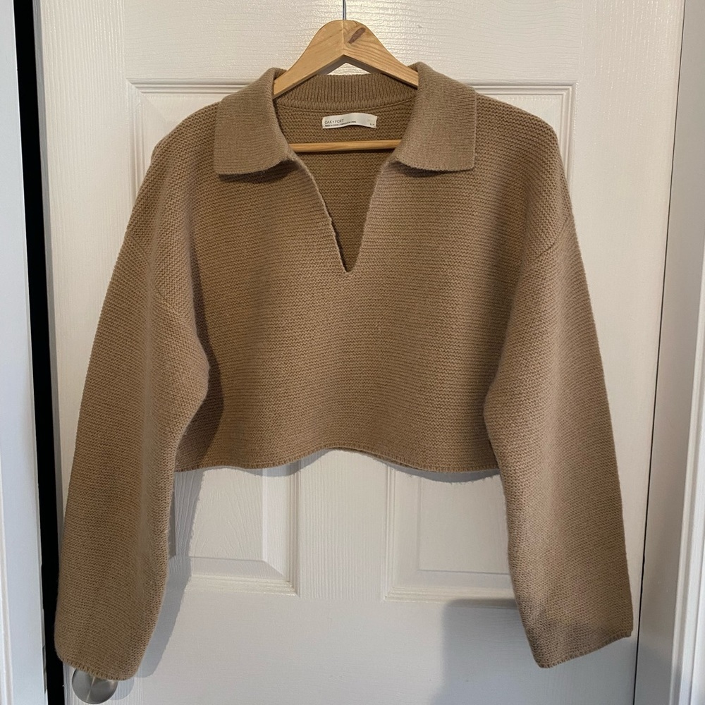 OAK + FORT Cropped Collared Knit Sweater in Taupe